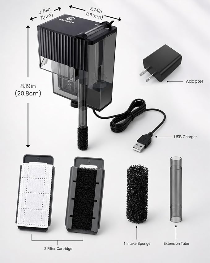 Small Fish Tank Filter | Hang on Back Filter up to 5 Gallon Nano Aquarium Adjustable Flow for Betta Shrimp Tank