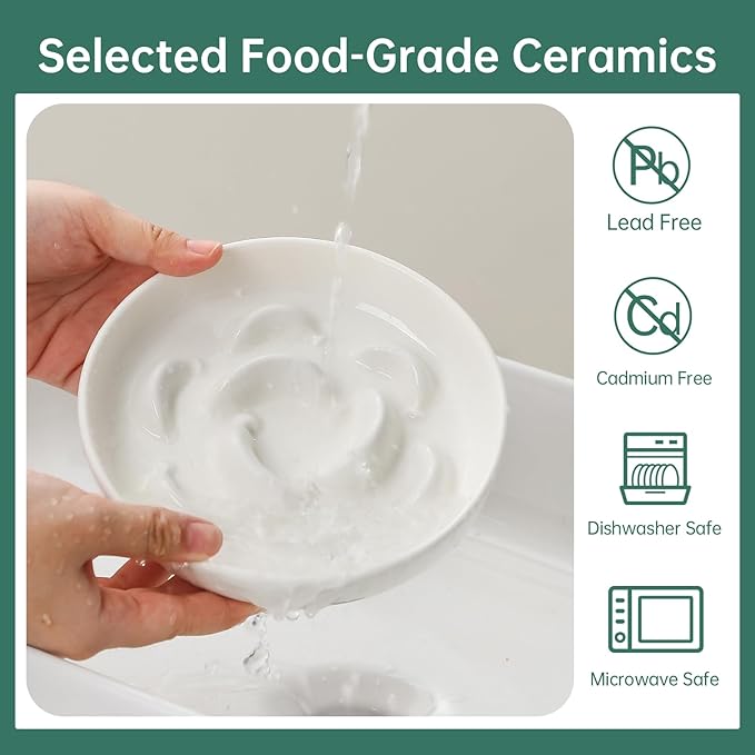 Ceramic Cat Slow Feeder Bowl - 6.3'' Wide Opening Whisker Friendly Cat Plate for Dry and Wet Food - Cute Maze Feeder Dish Helps Reduce Vomiting - Microwave and Dishwasher Safe - White