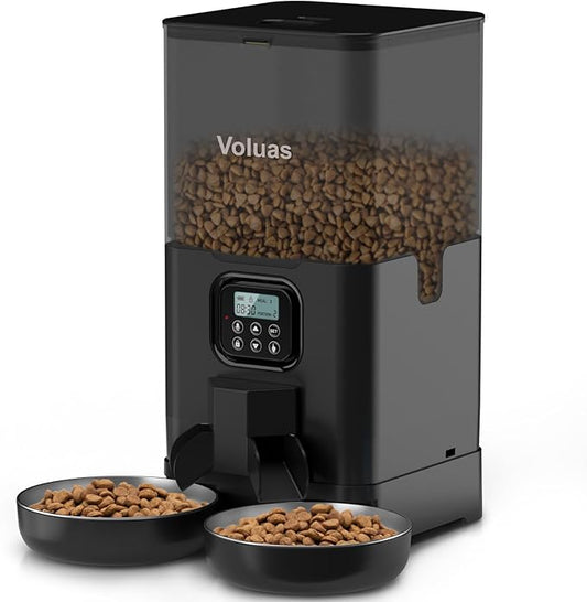 Voluas Automatic Cat Feeder for Two Cats, Double Pet Feeder with 2 Stainless Steel Bowls,6L Timed Cat Feeders with Memory Function