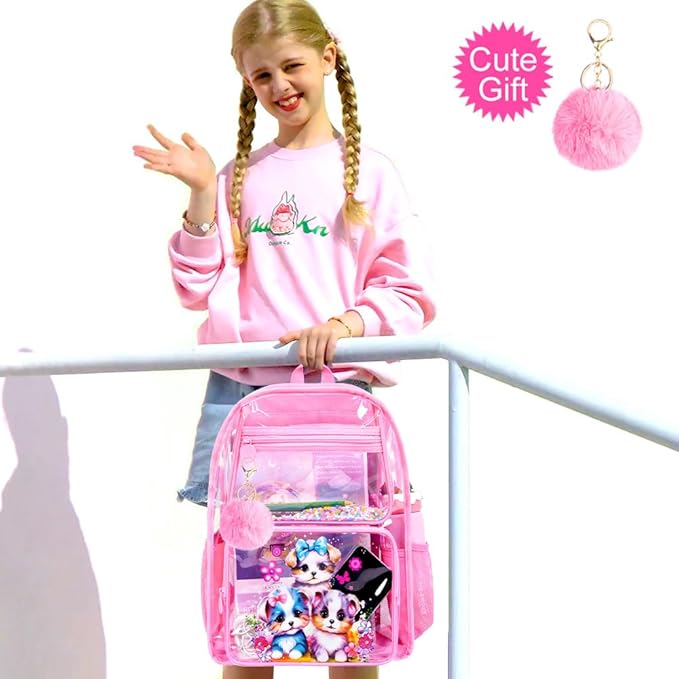 Clear Backpack for Girls and Boys, Kids Transparent Bookbag, 3PCS Cute See Through School Bag for Elementary Prechool