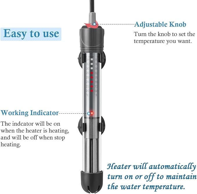 HITOP 50W Adjustable Aquarium Heater, Submersible Fish Tank Heater Thermostat with Suction Cups for 8-16Gal