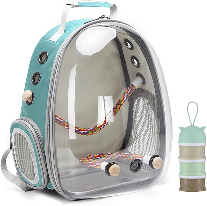 Bird Traval Carrier Cage, Clear Space Capsule Astronaut Backpack to Carry Parakeet Cockatiel Parrot with Metal Tray Bird Feeder Wood Perch, Vet Transport School Bag