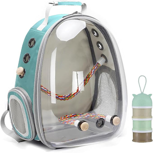 Bird Traval Carrier Cage, Clear Space Capsule Astronaut Backpack to Carry Parakeet Cockatiel Parrot with Metal Tray Bird Feeder Wood Perch, Vet Transport School Bag