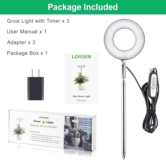 LORDEM Full Spectrum LED Grow Light for Indoor Plants, Black, 3 Packs | Height Adjustable Growing Lamp with Auto On/Off Timer, 4 Dimmable Brightness, Ideal for Small Plants