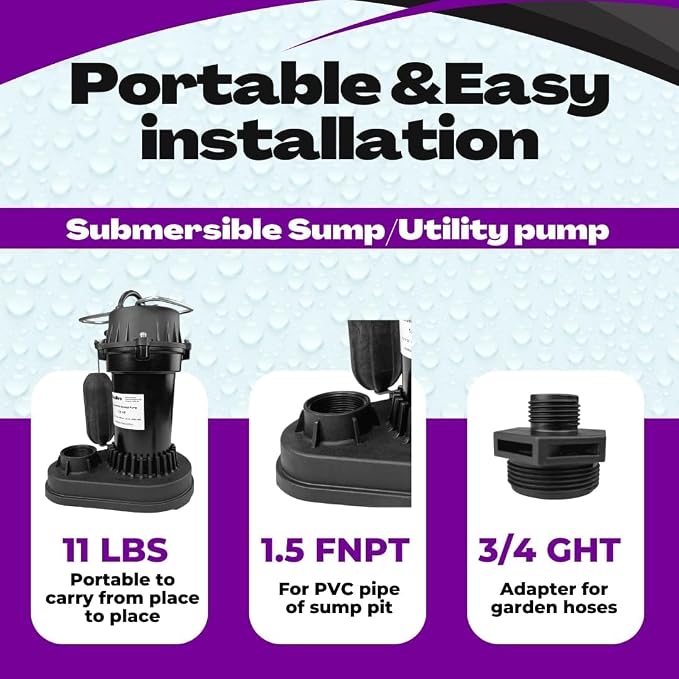 Rainbro 1/2 HP Thermoplastic Submersible Sump Pump With Vertical Float Switch, Utility Pump, Model# PSU051V