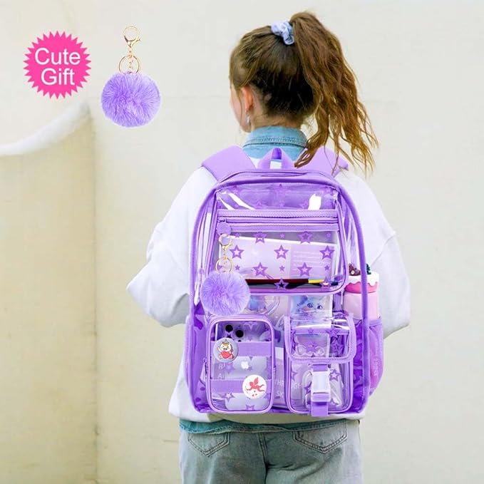 CCJPX 3Pcs Clear Backpack for Girls, School Transparent Bookbag, Heavy Duty See Through Backpacks for Teens Elementary