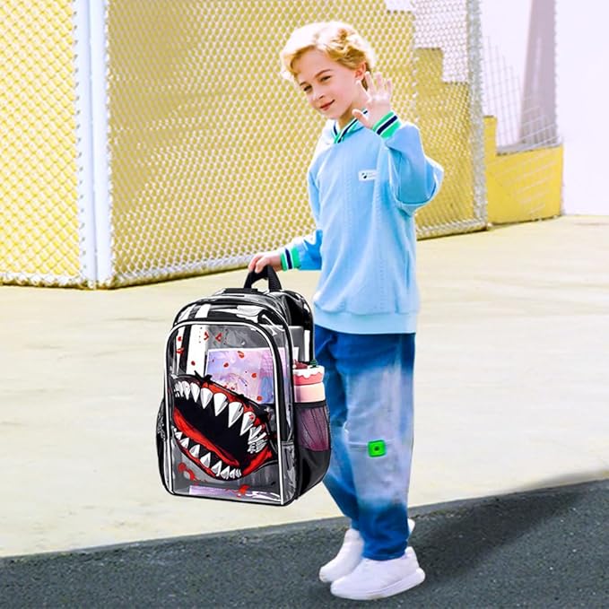 16" Shark Clear Backpack for Boys - 3Pcs School Stadium Approved Transparent Set, Campus See Through Bookbag with Lunch Box (Black)