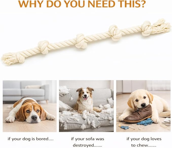 Dog Rope Toys for Large/Medium Aggressive Chewers, Tough Cotton Chew Toy, 39 Inch 5 Knots Indestructible, Tug of War Dog Pull Rope Teeth Cleaning (5 Knots (Pack of 2))
