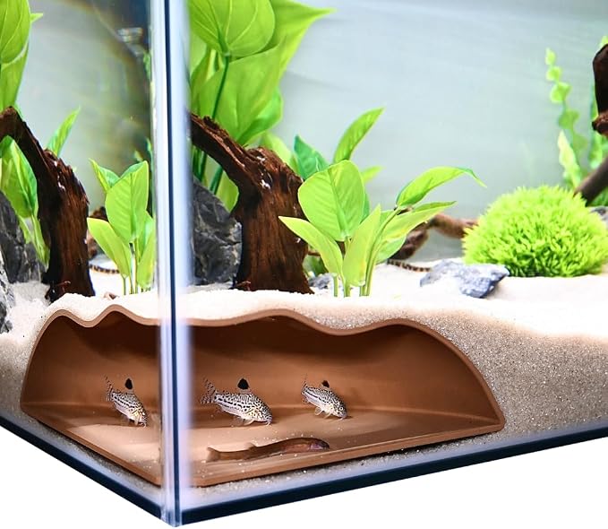 Aquarium Underground Corner Cave Natural Curve | Viewing Fish & Shrimp Under Gravel Tunnel | Fish Tank Decor Decoration Hideout Perfect for Corydora Catfish, Kuhli Loach, Pleco (Brown)