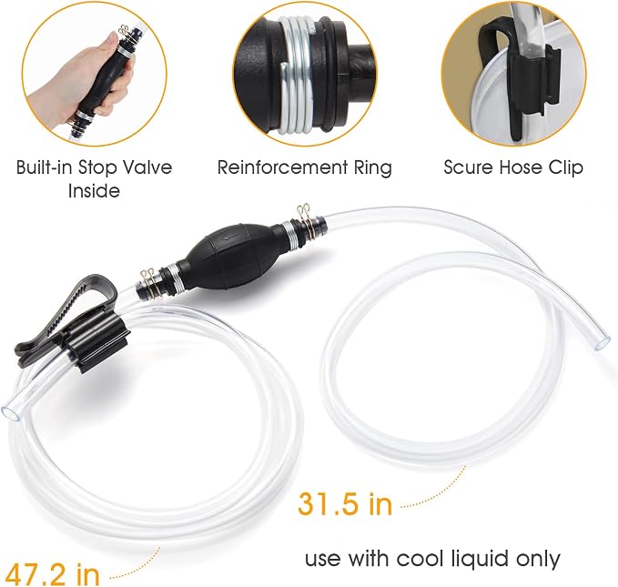 H-veenjor Gasoline Siphon Hose Pump, Hand Water Transfer Pump | Gas Siphon Pump for Water Oil Petrol Diesel, Manual Fuel Pump with 2 Premium PVC for Lawnmover Motocycle Tractor Fish Tank