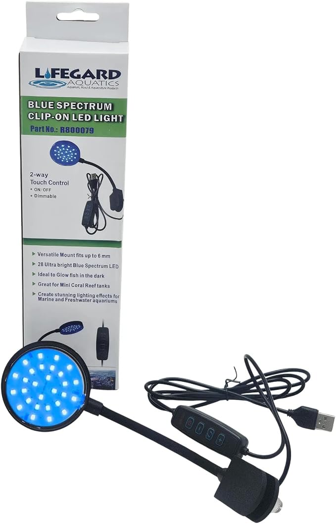 Lifegard Blue Spectrum Clip-On LED Aquarium Light with USB & in-Line Controller – 28 Ultra-Bright LEDs – Dimmable & Touch Control – for Glow Fish, Nano Tanks, Freshwater & Marine