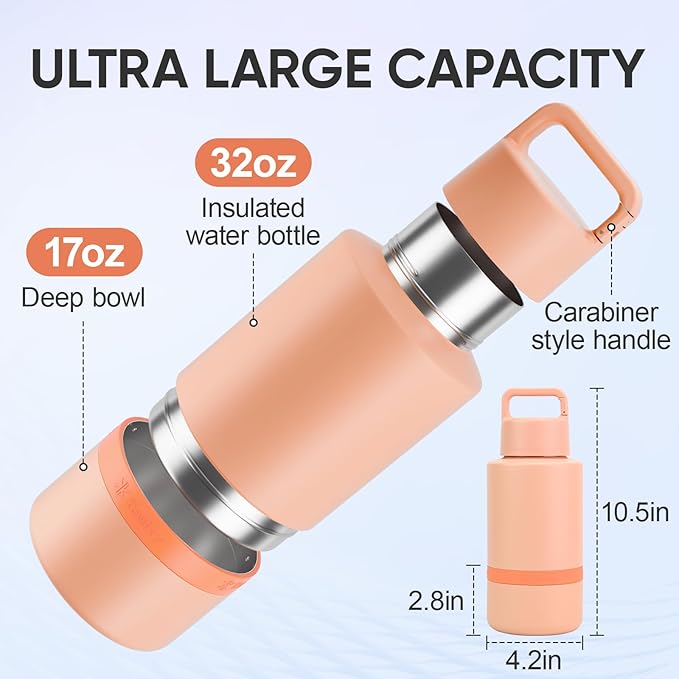 KEWIXY Insulated Dog Water Bottle with Travel Bowl, Dog Lover Gift, Portable Water Bottle Dispenser, Accessories for Car, Hiking, Camping, Outdoor, Leak-Proof, Detachable (Coral Sunset)