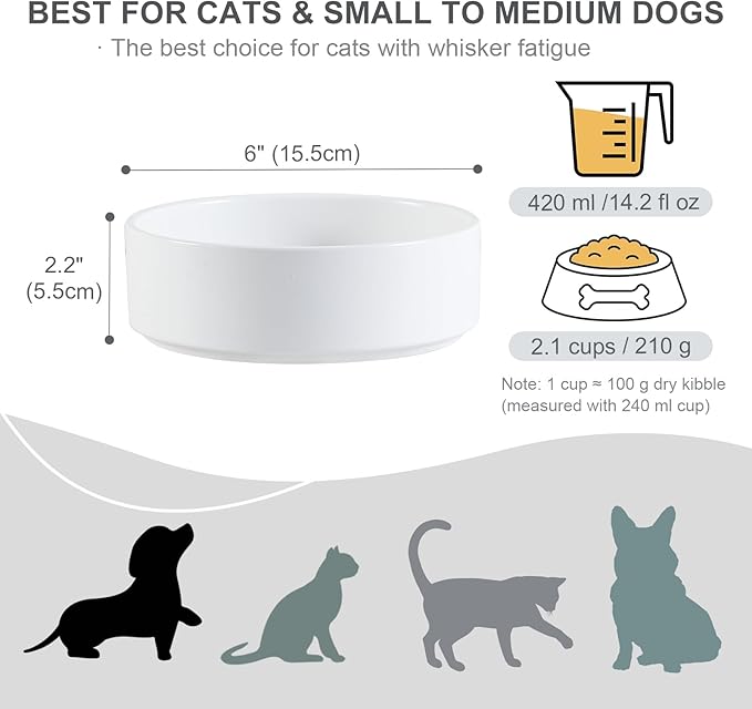 Ceramic Dog Bowl for Food and Water - Pet Feeder Bowl for Small to Medium Dogs and Indoor Cats - Heavy Ceramic Feeding Dish with Non Slip Base - Dishwasher & Microwave Safe - 6 Inch - 2.1 Cups - White