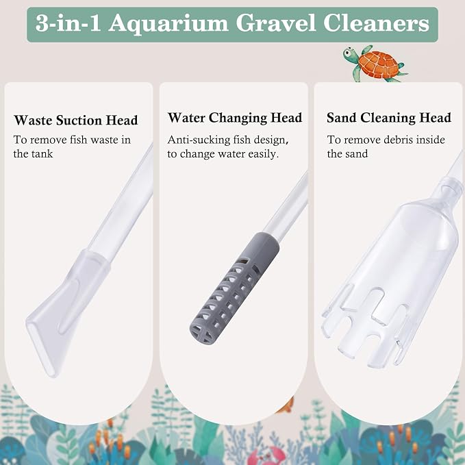 AOZU 3-in-1 Aquarium Vacuum Gravel Cleaner, Adjustable Fish Tank Siphon Cleaner, Aquarium Water Changer and Sand Washer Kit with Hand Siphon Hose & Extension Tube