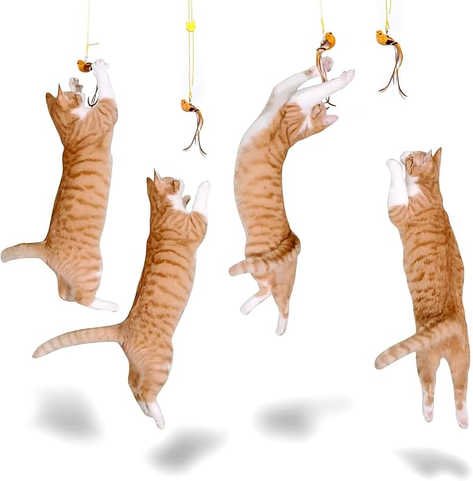 miwoowim 4 Bird Cat Wand Toy Refill for Indoor Cats, Interactive Birds Simulation Set,Door Hanging Feather Cat Toys String Wand Replacement Attachments