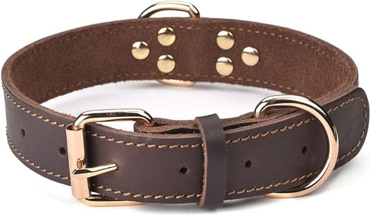Genuine Leather Dog Collar, Heavy Duty Wide Dog Collar for Small, Medium,Large and Extra Large Dog (M: 1" Wide for 15.2"-19.2" Neck, Single Stitch - Brown)