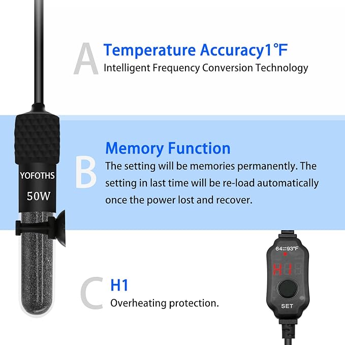YOFOTHS Adjustable Mini Aquarium Heater 5-10 Gallons Submersible Small Fish Tank Heater 50W Digital Display Thermostat External Temperature Controller (50W)