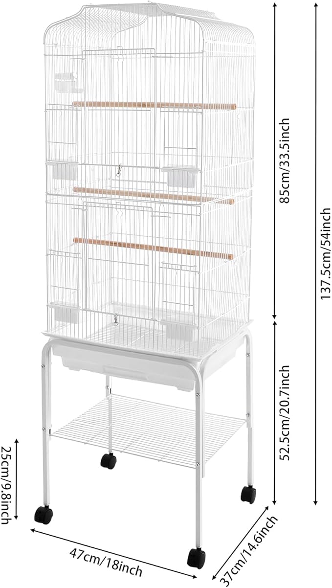 Large Bird Cage with Rolling Stand, Parrot Cage for Parakeets Cockatiels Conures, Heavy Duty Metal Birdcage with Wheels, Removable Tray & Storage Shelf for Indoor Use (White)