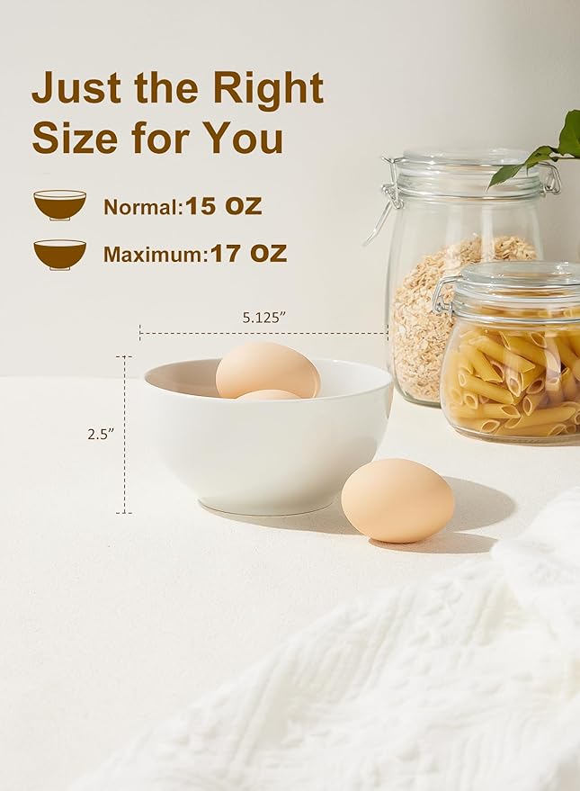White Ceramic Cereal Bowls, 17 Ounce Porcelain Bowl for Kitchen Cereal Soup Rice Salad Pasta Dessert Snack Fruits Ice Cream, Set of 6, Microwave Dishwasher Freezer Oven Safe Easy Clean Stackable