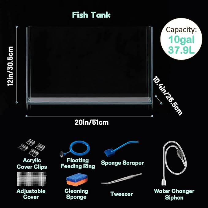 LAQUAL 10 Gallon Ultra Clear Glass Fish Tank, Rimless Low Iron Aquarium for Betta/Nano/Goldfish/Snail/Shrimp, Big Fish Tank & Cover Set & Feeding Ring & Cleaning Tools