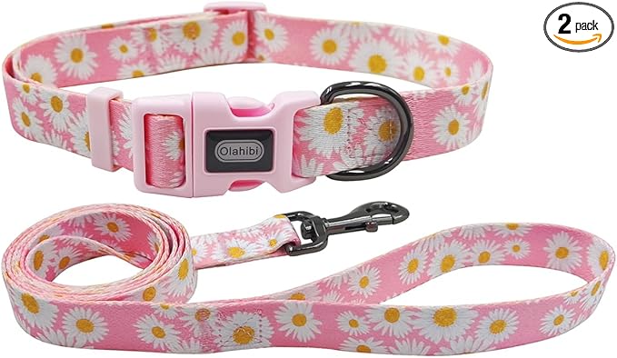 Dog Collar Leash Set, Floral Pattern, Polyester Material, Adjustable Collar and 5ft Matchcing Leash, for Medium Dogs.(M, Light Pink Daisy)
