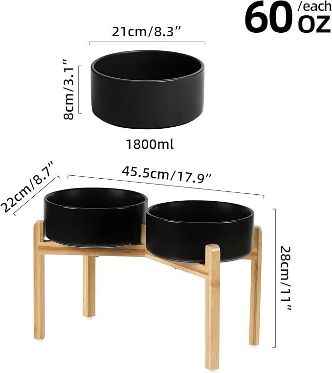 Havniva Ceramic Raised Double Bowls Set with Stand, Food & Water Bowls for Large Breed Dogs, Weighted Dog Dishes, Pet Bowl(8.2'',60OZ, Black)