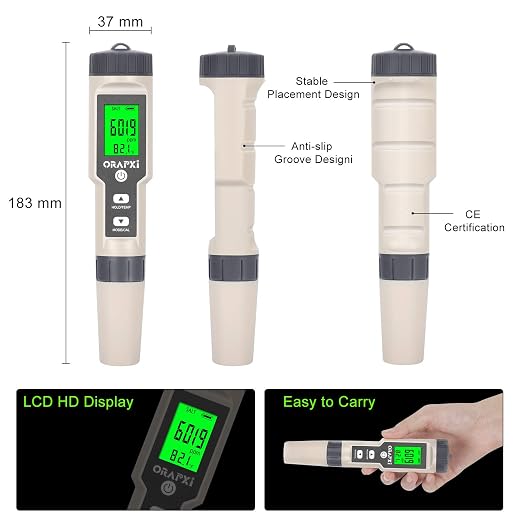 Digital Salinity Tester for Salt Water - Waterproof IP67 Salinity Meter with ATC Large Range 0-200ppt Saltwater Tester for Seawater, Aquariums, Marine Monitoring, and Koi Fish Pond by ORAPXI | Large Range 0-200ppt Saltwater Tester for Seawater, Saltwat...