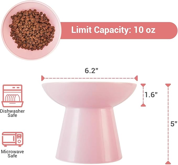 CEEFU Extra Wide Elevated Ceramic Cat Bowl, 6.2" Shallow Dish for Whisker Fatigue Relief, 5" Height for Easy Feeding, Durable Raised Cat Food Bowls, Pack of 2, Pink