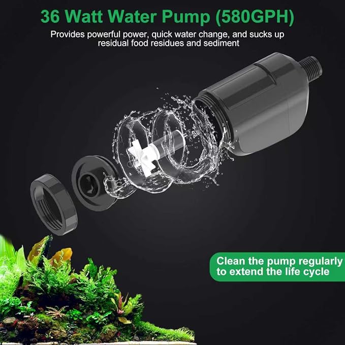 Electric Aquarium Gravel Cleaner, 36W 580 GPH Water Changer and Filter | Adjustable flow, 15 cm telescopic tube, 1.5 m hose, reusable sponge, low-water cleaning, and tool-free assembly