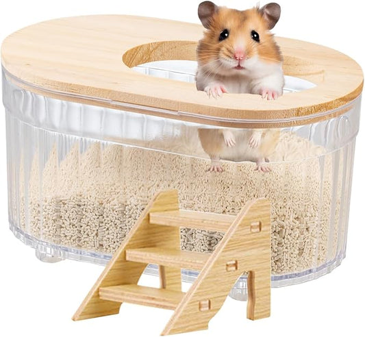 Transparent Oval Hamster Sand Bath Box for Hamster Cage Accessories, Digging Sand Container with Climbing Ladder, Large Sandbox for Hamsters Dust Bath and Play Sand, Large