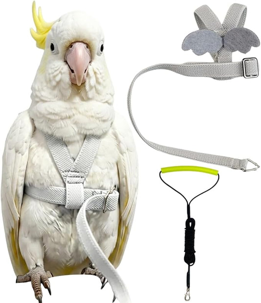Adjustable Bird Harness with Elastic Leash, Pet Parrot Harness and Leash, Adjustable Training Design Anti-Bite, Bird Nylon Rope with Cute Wing for Conure (Grey,Sulphur-Crested Cockatoo)