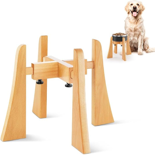 Elevated Bowl Stand 10-inch with Heavy Duty Beech Wood Made, Anti-Vomit Design for Medium Breed, Senior Dogs, Ergonomic Neck Protecting, Adjustable Diameter, Easy Clean Non Toxic