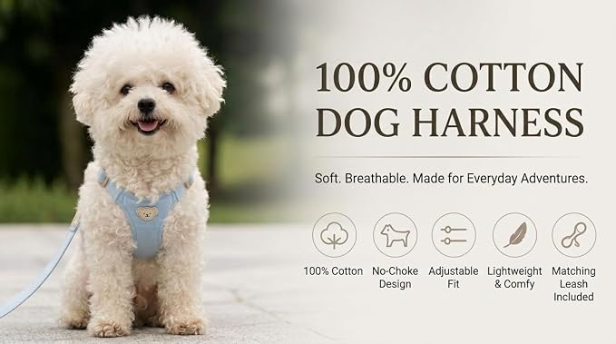 AetruffyPet 100% Cotton Dog Harness and Leash Set – Soft Breathable Vest for Small Dogs, Adjustable No-Choke Design, Lightweight Walking Set (XS/S/M) (Pink, S)