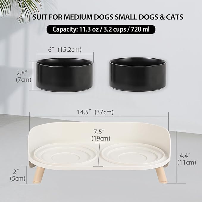 Elevated Ceramic Dog Bowl Set - Double Dog Feeding Bowls with Stand Splash Proof - Raised Dishes for Food and Water - Ideal for Small to Medium Dogs - 2 x 850 ml - 28.74 oz