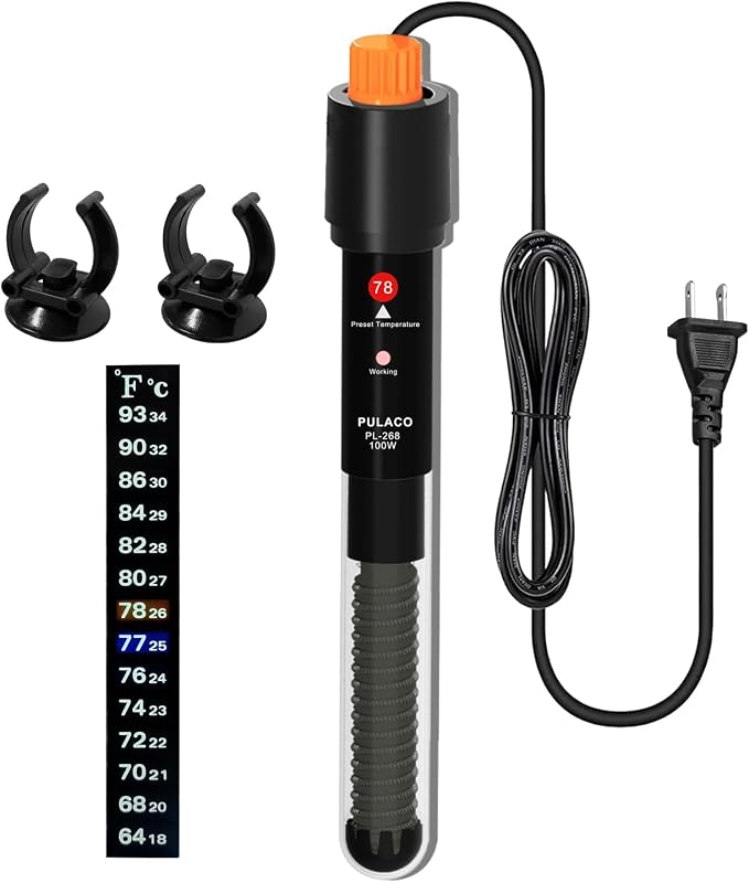 100Watt Aquarium Heater for 15-25 Gallon Fish Tank, Adjustable Submersible Heater Thermostat with Thermometer Strip and Suction Cup