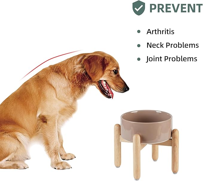 Havniva Ceramic 7.3inch Raised Dog Bowl Set, Elevated with Wooden Stand, Food and Water Bowl for Medium Breed Dogs, Weighted Dog Dishes, Pet Feeder(Brown Coffee)
