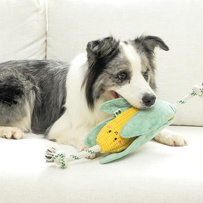 Green Sheep Interactive Plush Dog Toy, No Stuffing Squeaky Toy with Recycled Cotton Rope for Medium to Large Dogs, Corn