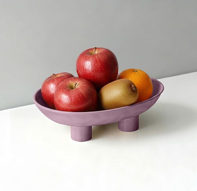 Three-Leg Ceramic Fruit Bowl, 10 Inch Oval Serving Dish for Kitchen Counter, Candy or Key Holder, Home Decor Accent Purple