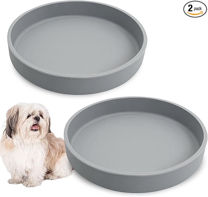 Silicone Dog Bowl Shallow Cat Food Bowls 7in Flat Puppy Plates Cute Whisker Fatigue Pet Feeding Dishes Set of 2 for Dry and Wet Food Indoor (Round Grey)