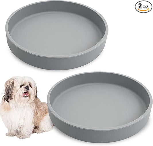 Silicone Dog Bowl Shallow Cat Food Bowls 7in Flat Puppy Plates Cute Whisker Fatigue Pet Feeding Dishes Set of 2 for Dry and Wet Food Indoor (Round Grey)