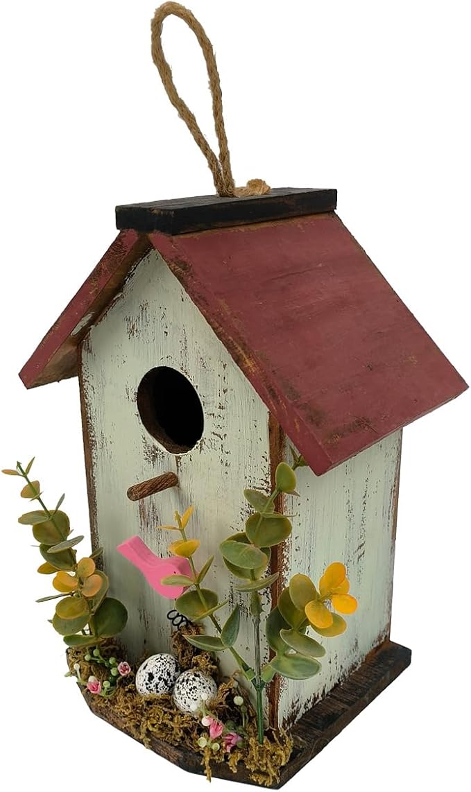 Wood Bird House for Outside, 10" H Hanging Bird House with Waterproof Metal Roof, Vintage Rustic Decorative Birdhouse Wooden Bird Nest Box for Outdoor Garden Yard Decorations (Light Green)