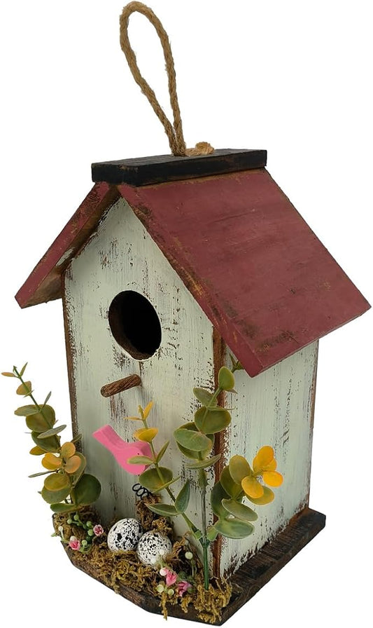Wood Bird House for Outside, 10" H Hanging Bird House with Waterproof Metal Roof, Vintage Rustic Decorative Birdhouse Wooden Bird Nest Box for Outdoor Garden Yard Decorations (Light Green)
