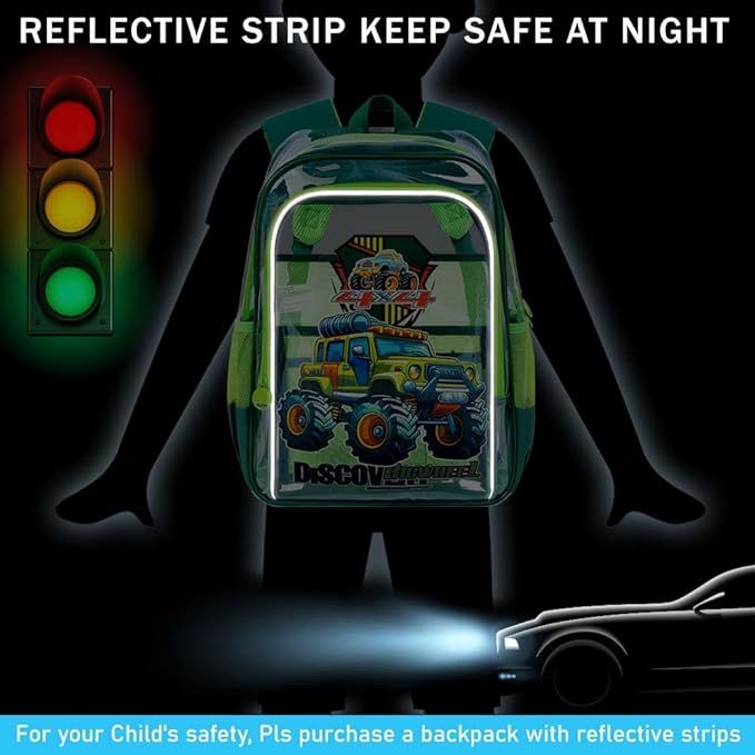 AGSDON 3PCS Clear Backpack for Boys, 16" Truck Transparent Bookbag Heavy Duty,See Through Backpacks with Lunch Bag- Green Truck