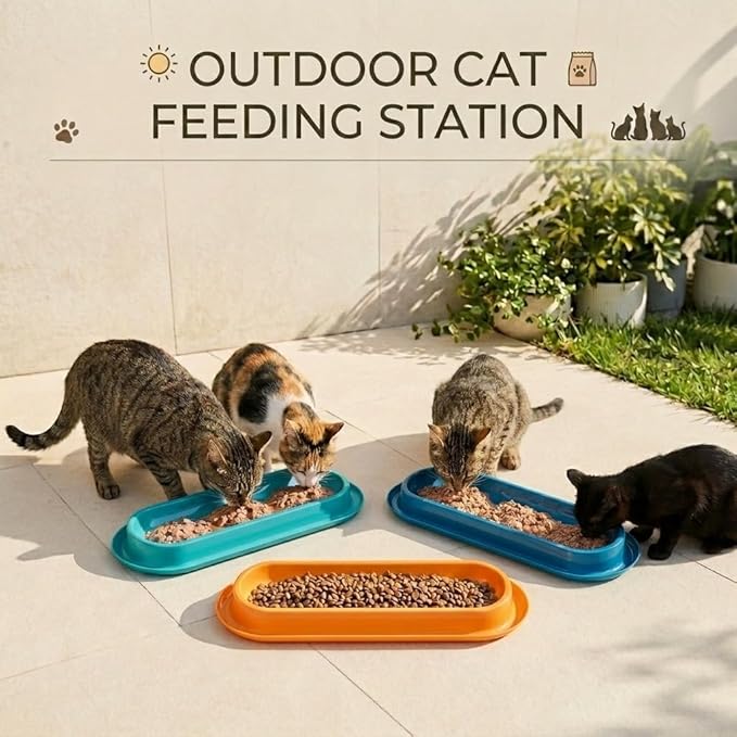 Multi-Cat Home 4-Pack, Long Pet Food Bowls, Large Capacity Non-Slip Easy Clean Dishes for Indoor & Outdoor Feeding (Orange, Dark Blue, Yellow, Lake Green)
