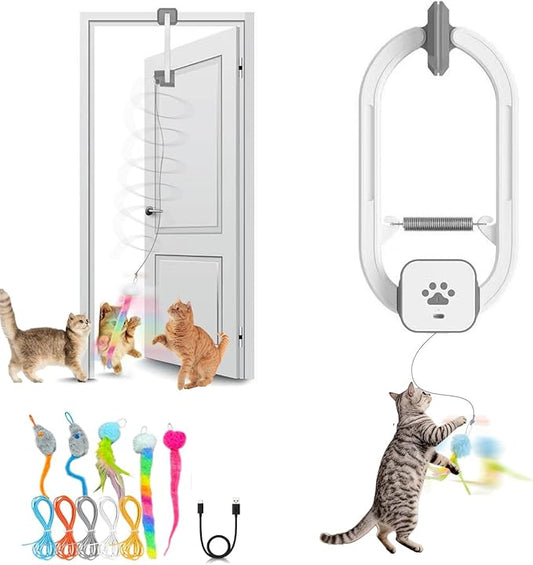 Automatic Rechargeable Cat Teaser, Door Mount Hanging Interactive Cat Toy, 360° Spinning & Irregular Jumping Motion Modes, Smart Electric Cat Exercise Toy for Indoor Cat Self Play, Grey