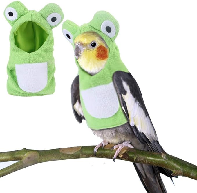 Sun Conure Bird Diaper Flight Suit Frog Shape Hoodie Cosplay Photo Prop for Parrots African Greys Parakeet Cockatiel Reusable Adjustable Apparel (Medium)