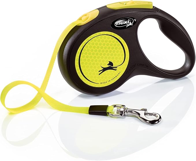 FLEXI New Neon Tape Retractable Dog Leashes for Small Dogs Upto 33 lbs. – 16 ft., Neon Yellow/Black | Tangle Free Pet Walking Leash with One-Handed Brake, Pause, Lock | German Quality Product