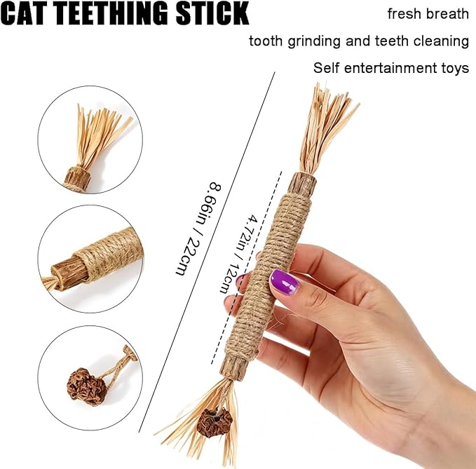 Natural Silvervine Dental Sticks, Silver Vine Sticks Cats with Raffia, Chew Sticks for Cats, Cat Chew Rope for Enrichment Pet Supplies, Calm Cat Boring (4PCS)