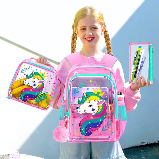 Clear Backpack for Girls and Boys, Kids Transparent Bookbag, 3PCS Cute See Through School Bag for Elementary Prechool