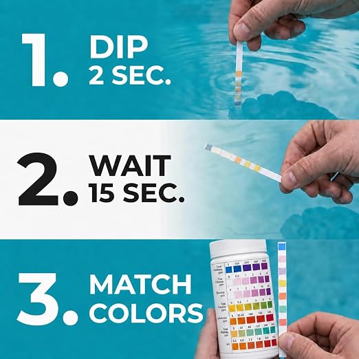 7 in 1 Pool Test Strips (150 Strips) - Easy to Use Water Testing Kit for Pool, Spa, Hot Tub & More - Tester Strip for Water Hardness, Chlorine, Bromine, pH, Alkalinity and Cyanuric Acid